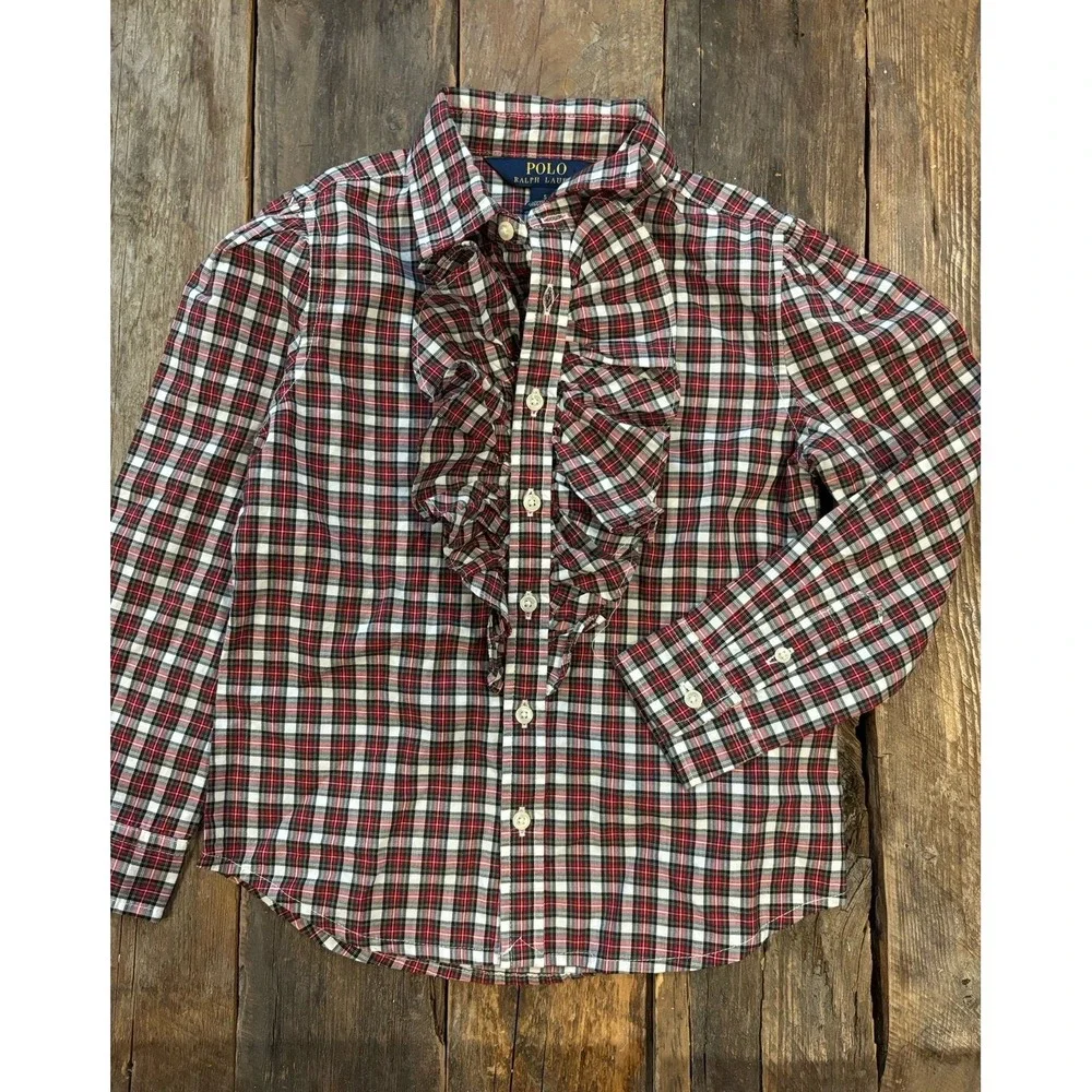 Polo Ralph Lauren‎ Kids Girls Red Plaid Ruffle Front Button Up Shirt Size 5